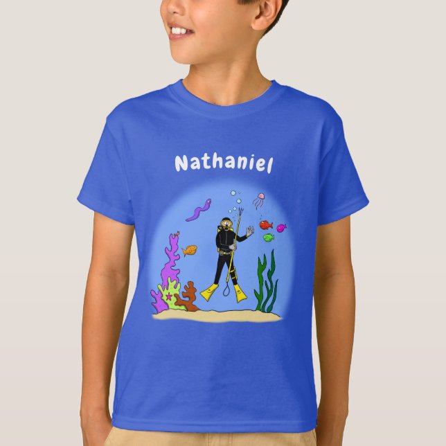Funny scuba diver and fish sea creatures cartoon T-Shirt (Front)