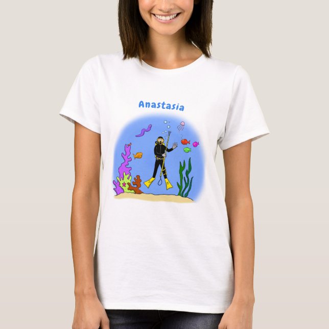 Funny scuba diver and fish sea creatures cartoon T-Shirt (Front)