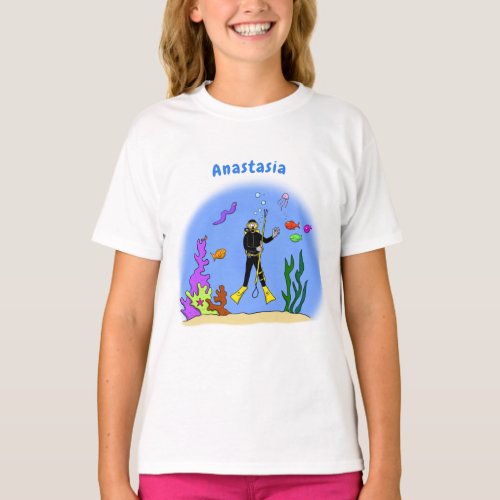 Funny scuba diver and fish sea creatures cartoon T_Shirt