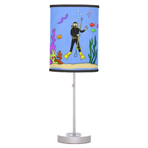 Funny scuba diver and fish sea creatures cartoon table lamp
