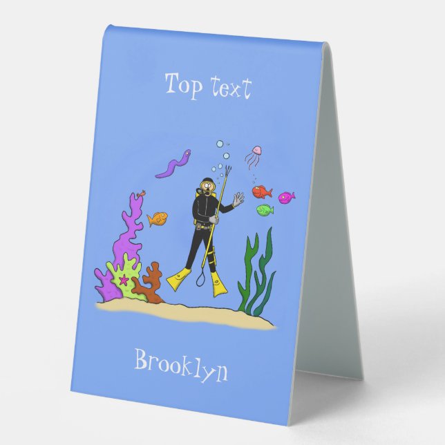 Funny scuba diver and fish sea creatures cartoon table tent (Front)
