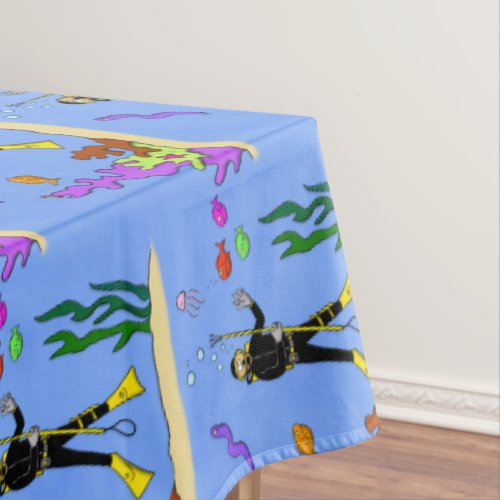 Funny scuba diver and fish sea creatures cartoon tablecloth
