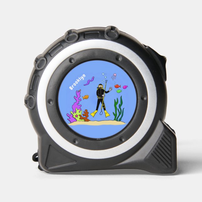 Funny scuba diver and fish sea creatures cartoon tape measure (Front)