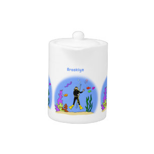 Funny scuba diver and fish sea creatures cartoon teapot
