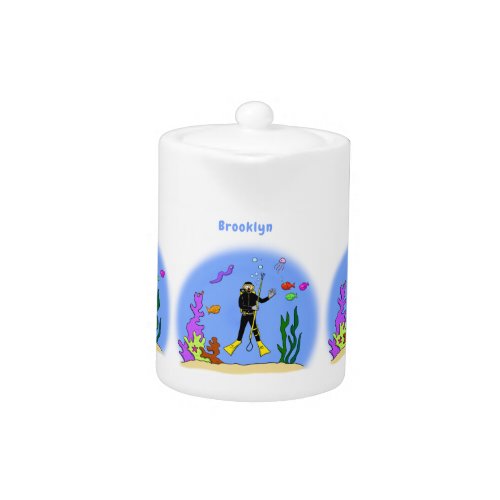 Funny scuba diver and fish sea creatures cartoon teapot