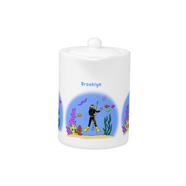 Funny scuba diver and fish sea creatures cartoon teapot (Front)