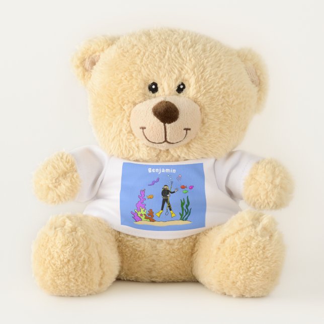 Funny scuba diver and fish sea creatures cartoon teddy bear (Front)