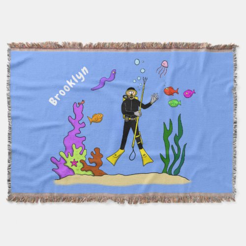 Funny scuba diver and fish sea creatures cartoon throw blanket