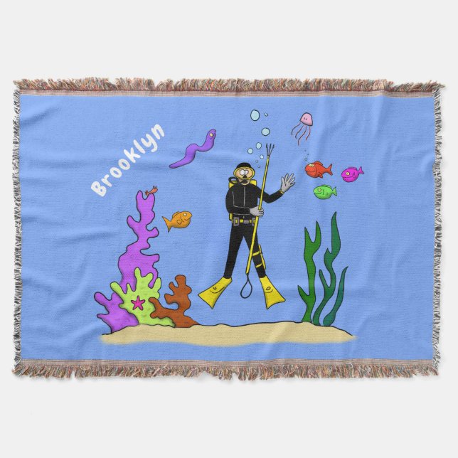 Funny scuba diver and fish sea creatures cartoon throw blanket (Front)