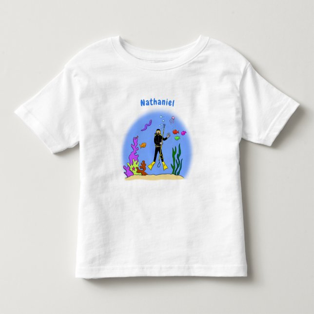 Funny scuba diver and fish sea creatures cartoon toddler t-shirt (Front)