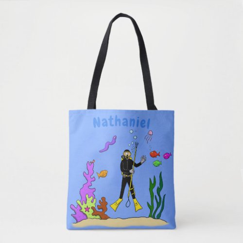 Funny scuba diver and fish sea creatures cartoon tote bag