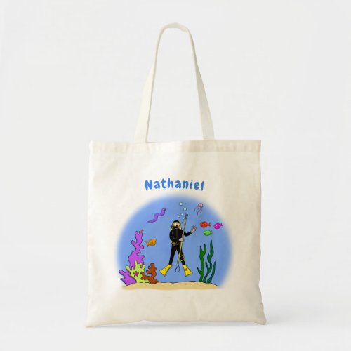 Funny scuba diver and fish sea creatures cartoon tote bag