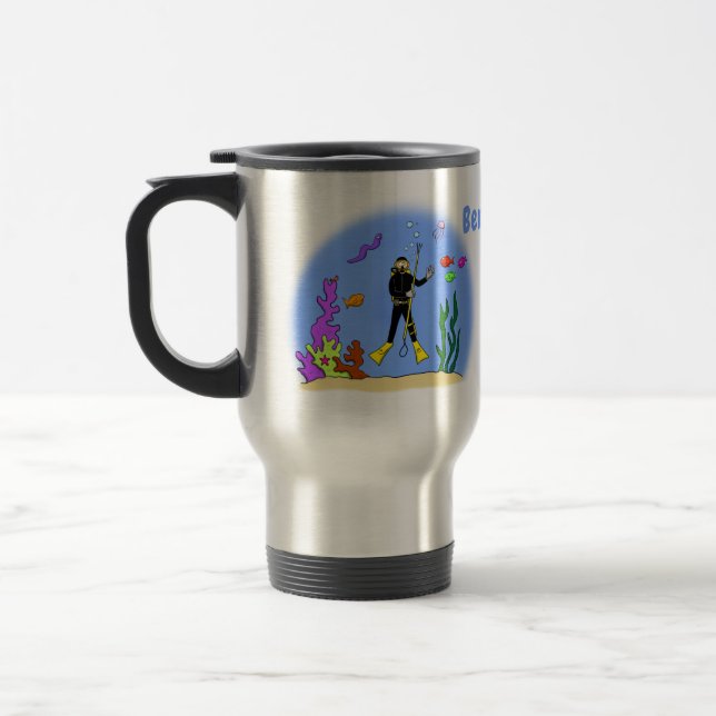 Funny scuba diver and fish sea creatures cartoon travel mug (Left)
