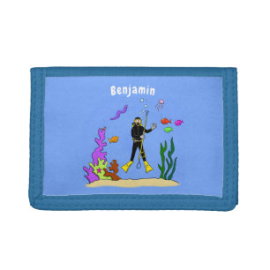 Funny scuba diver and fish sea creatures cartoon tri-fold wallet
