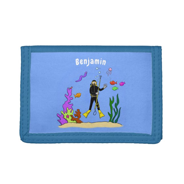 Funny scuba diver and fish sea creatures cartoon trifold wallet (Front)