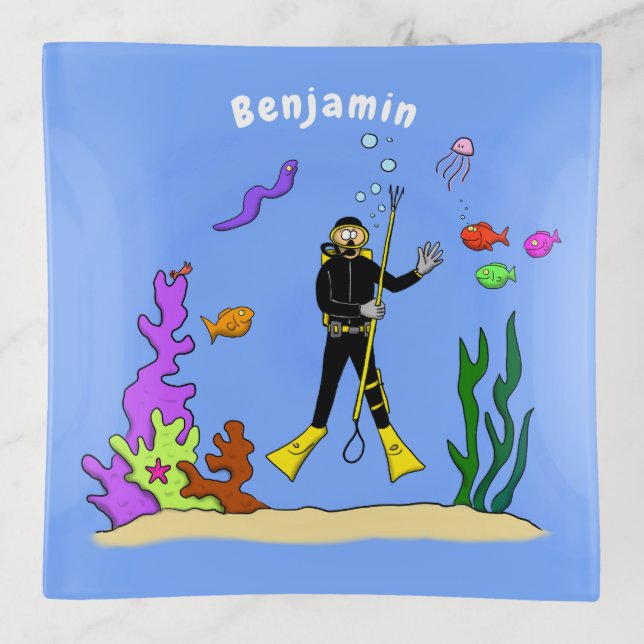 Funny scuba diver and fish sea creatures cartoon trinket tray (Front)
