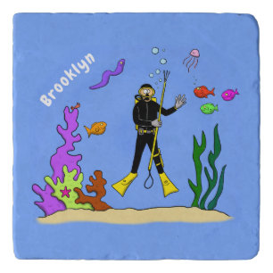 Funny scuba diver and fish sea creatures cartoon trivet