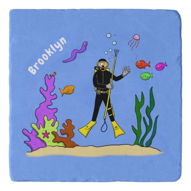 Funny scuba diver and fish sea creatures cartoon trivet (Front)