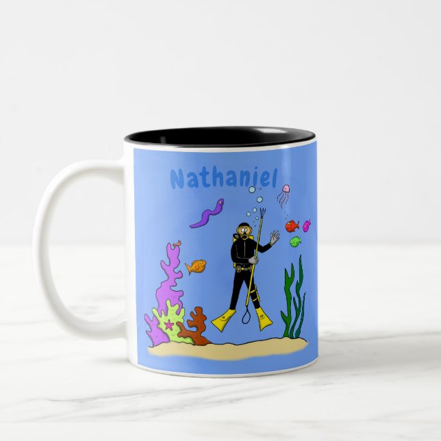 Funny scuba diver and fish sea creatures cartoon Two-Tone coffee mug (Left)