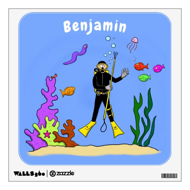 Funny scuba diver and fish sea creatures cartoon wall decal (Front)