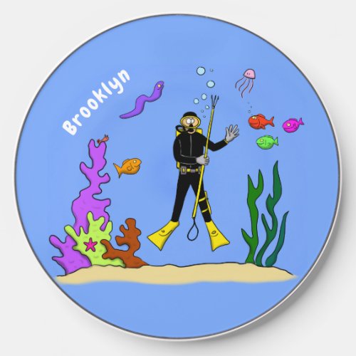 Funny scuba diver and fish sea creatures cartoon wireless charger 