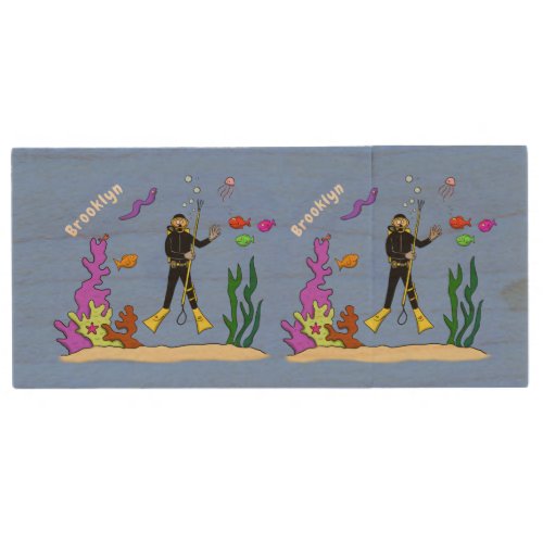 Funny scuba diver and fish sea creatures cartoon wood flash drive