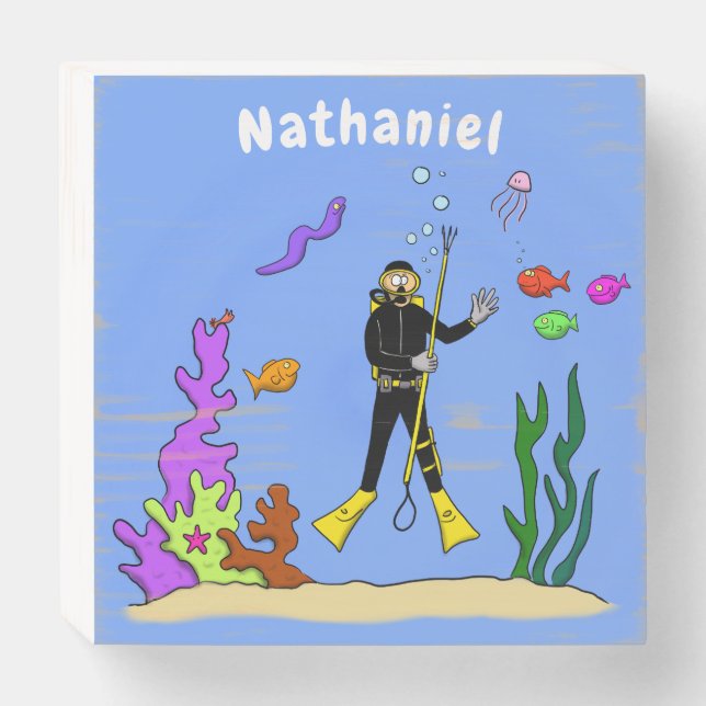 Funny scuba diver and fish sea creatures cartoon wooden box sign (Front Horizontal)