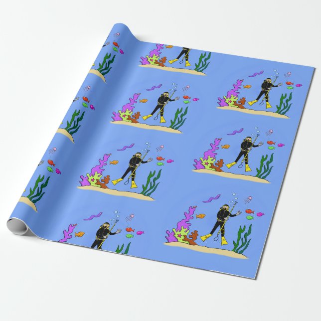 Funny scuba diver and fish sea creatures cartoon wrapping paper (Unrolled)