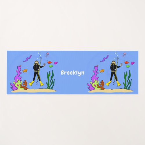 Funny scuba diver and fish sea creatures cartoon yoga mat