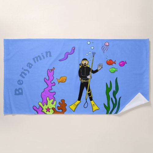 Funny scuba diver and friendly fish cartoon towel