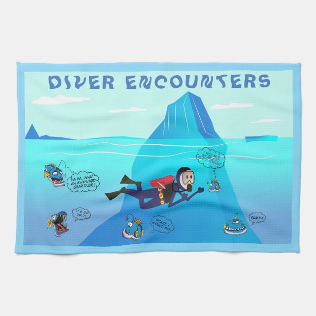 FUNNY SCUBA DIVER FISH ENCOUNTER. KITCHEN TOWEL (Horizontal)
