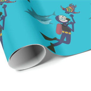 FUNNY SCUBA DIVER UNDERWATER, SEA TURTLE + SHARK WRAPPING PAPER