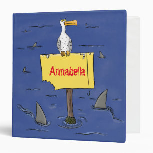 Funny sea bird circled by sharks cartoon 3 ring binder