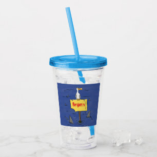 Funny sea bird circled by sharks cartoon acrylic tumbler