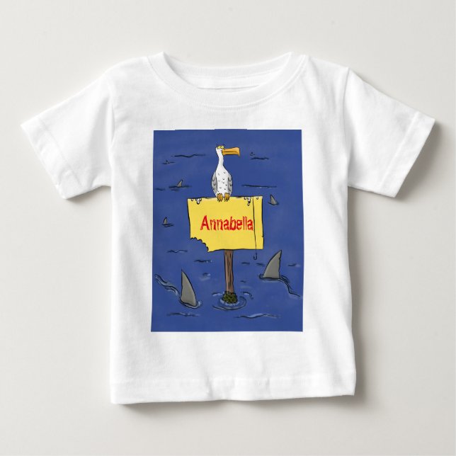 Funny sea bird circled by sharks cartoon baby T-Shirt (Front)