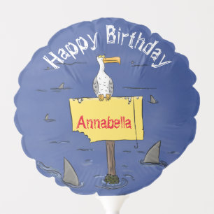 Funny sea bird circled by sharks cartoon balloon