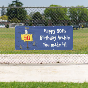 Funny sea bird circled by sharks cartoon banner