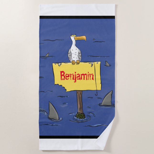 Funny sea bird circled by sharks cartoon beach towel (Front)
