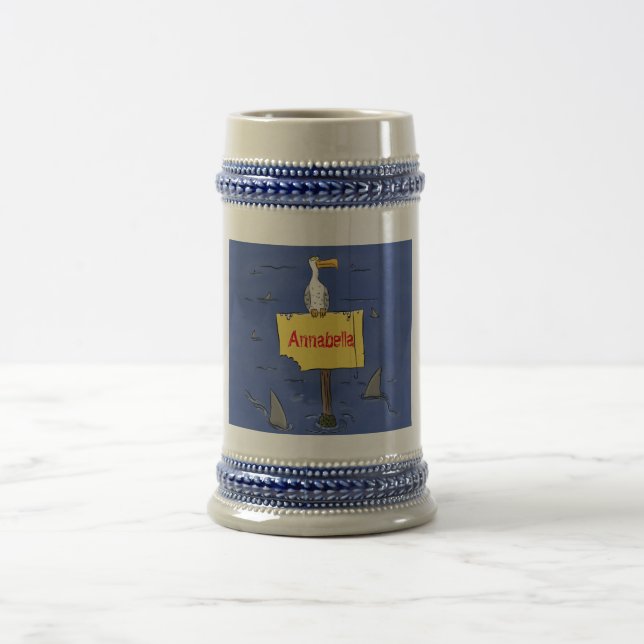 Funny sea bird circled by sharks cartoon beer stein (Center)