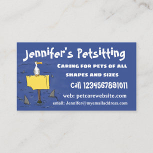 Funny sea bird circled by sharks cartoon business card