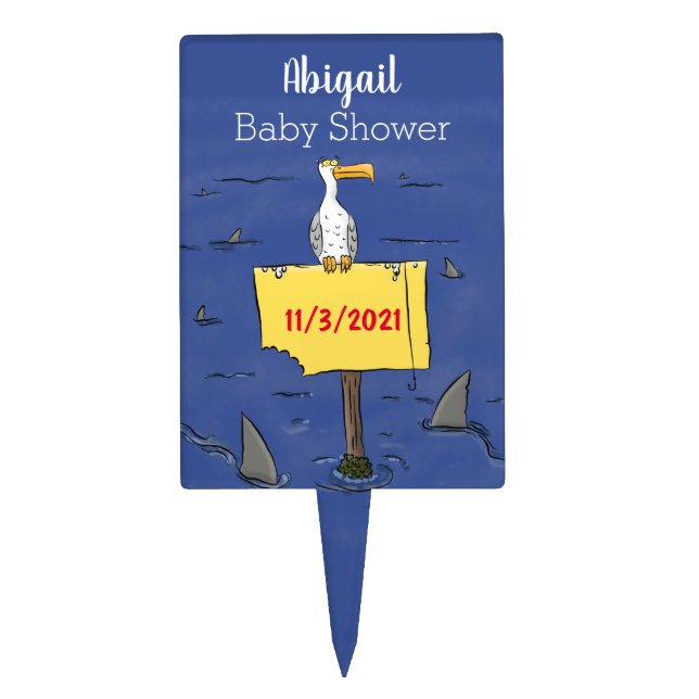 Funny sea bird circled by sharks cartoon cake topper (Front)