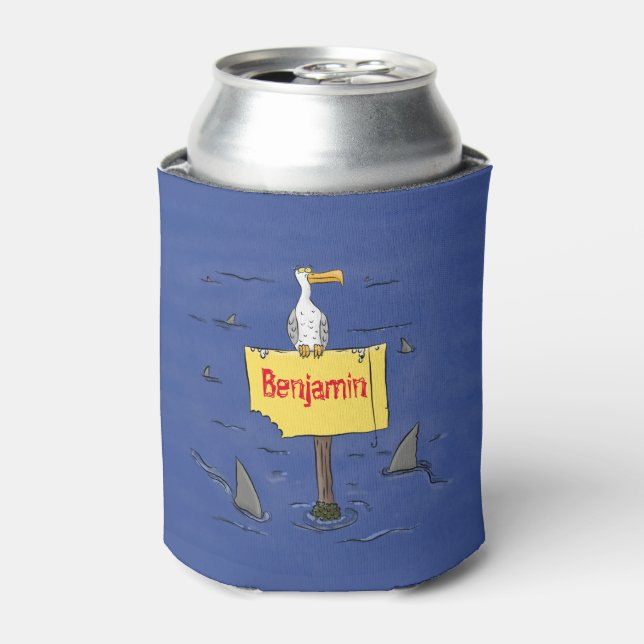 Funny sea bird circled by sharks cartoon can cooler (Can Front)