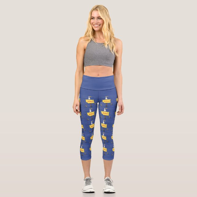 Funny sea bird circled by sharks cartoon capri leggings (Front)
