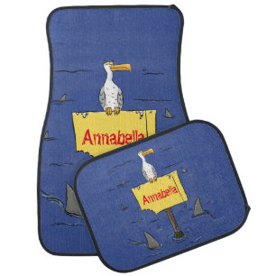 Funny sea bird circled by sharks cartoon car floor mat