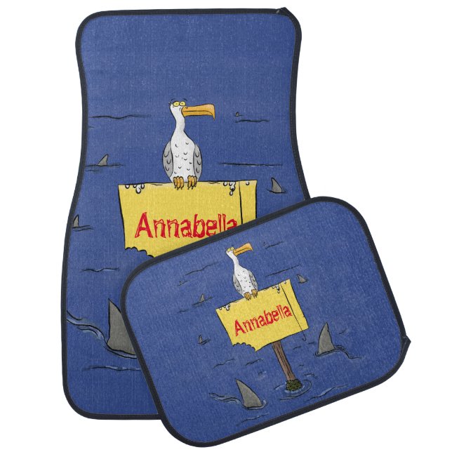 Funny sea bird circled by sharks cartoon car floor mat (Set)