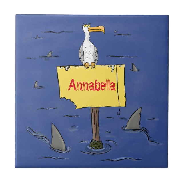 Funny sea bird circled by sharks cartoon ceramic tile (Front)