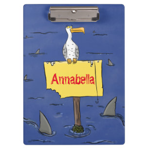 Funny sea bird circled by sharks cartoon clipboard