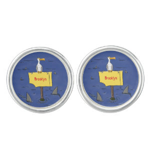 Funny sea bird circled by sharks cartoon cufflinks