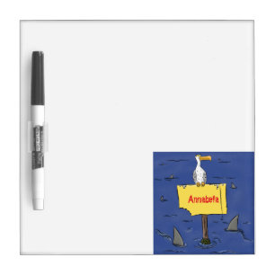 Funny sea bird circled by sharks cartoon dry erase board
