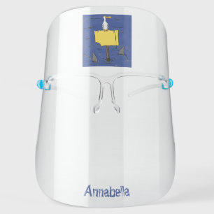 Funny sea bird circled by sharks cartoon face shield